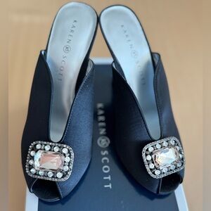 NWT- Karen Scott black Satin open toe slides with rhinestone buckle. Sz 5.5. NWT